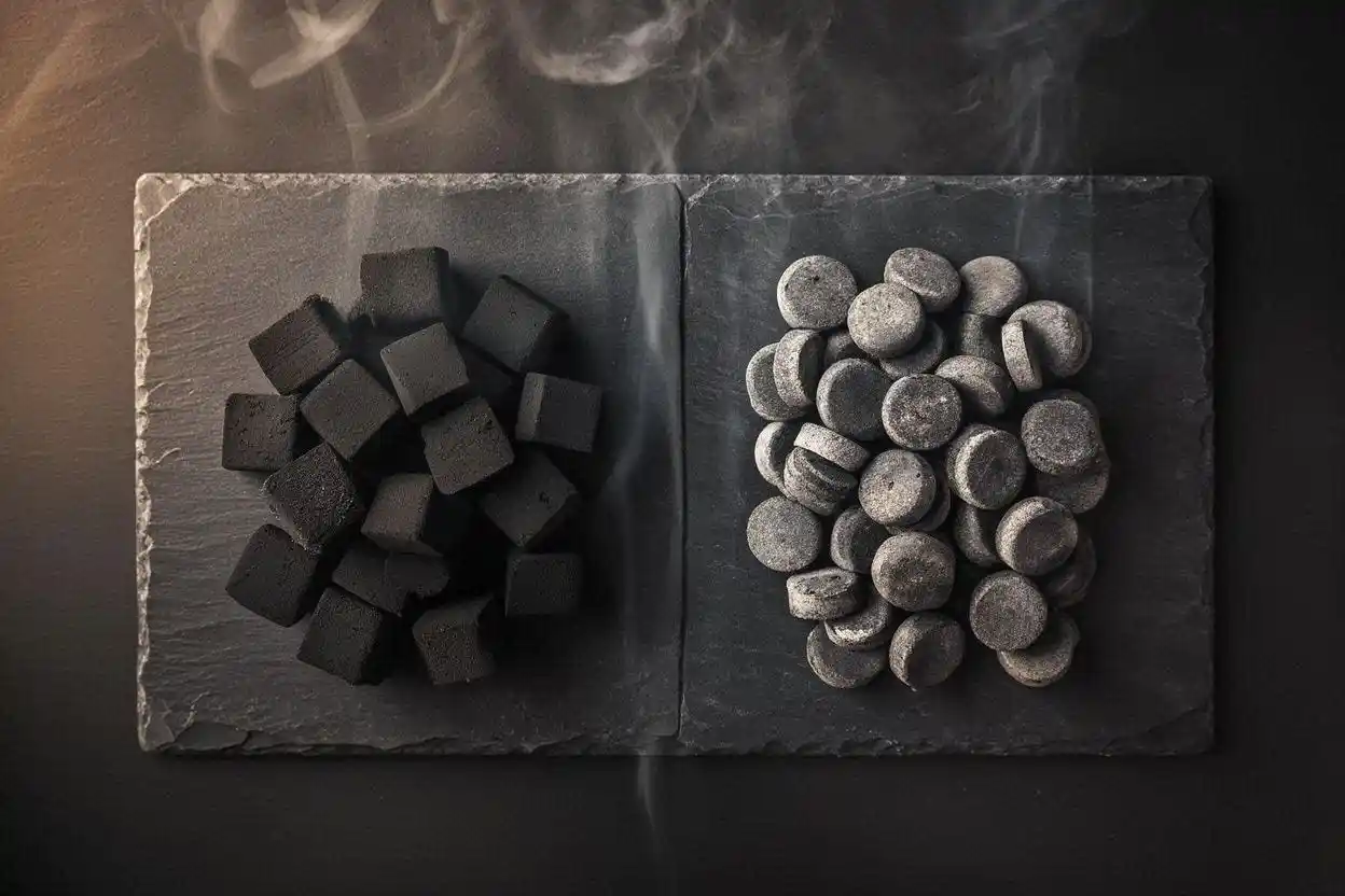 Coconut shell charcoal cubes and wood charcoal discs for shisha side by side on a dark surface