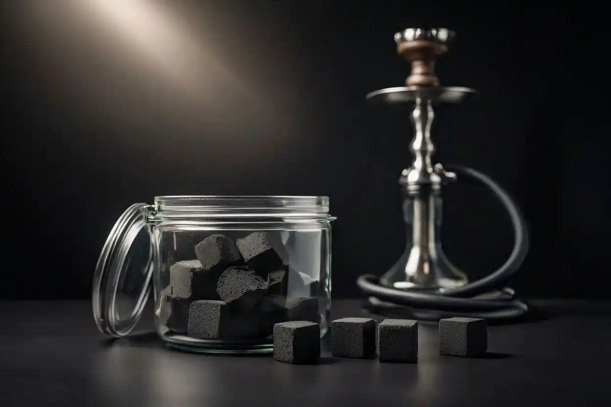 Shisha charcoal storage and handling tips with airtight container and charcoal cubes for hookah setup