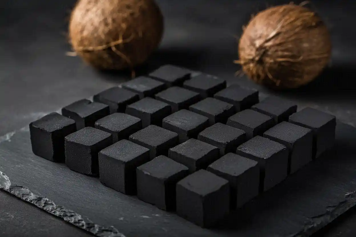 Uniform burning coconut charcoal cubes arranged neatly on a dark surface with coconut shells in the background, representing premium Indonesian hookah charcoal production.